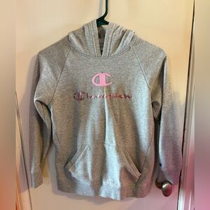 Champion Gray Hoodie with Pink Logo